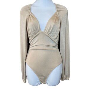 Intimately Free People In Your Arms Beige Long Sleeve Bodysuit Thong NWOT XS